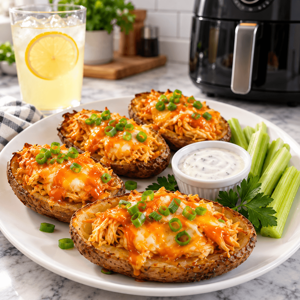 Air Fryer Buffalo Chicken Potato Skins Crispy & Cheesy