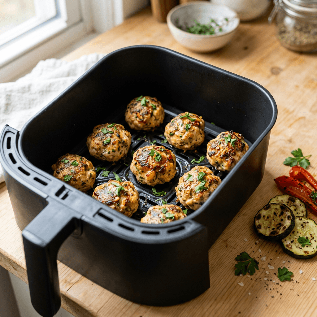 Golden air fryer chicken meatballs with fresh parsley in the air fryer basket
