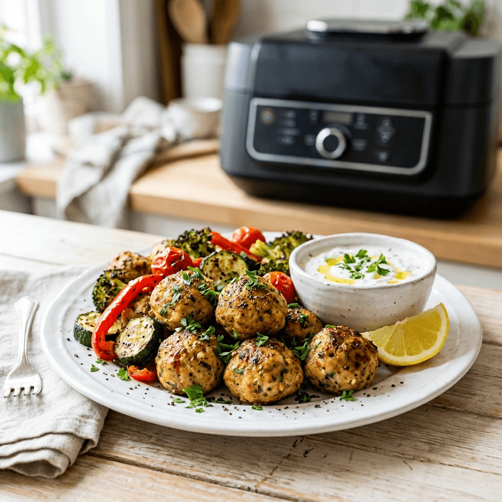 Air Fryer Garlic Herb Chicken Meatballs with Roasted Vegetables