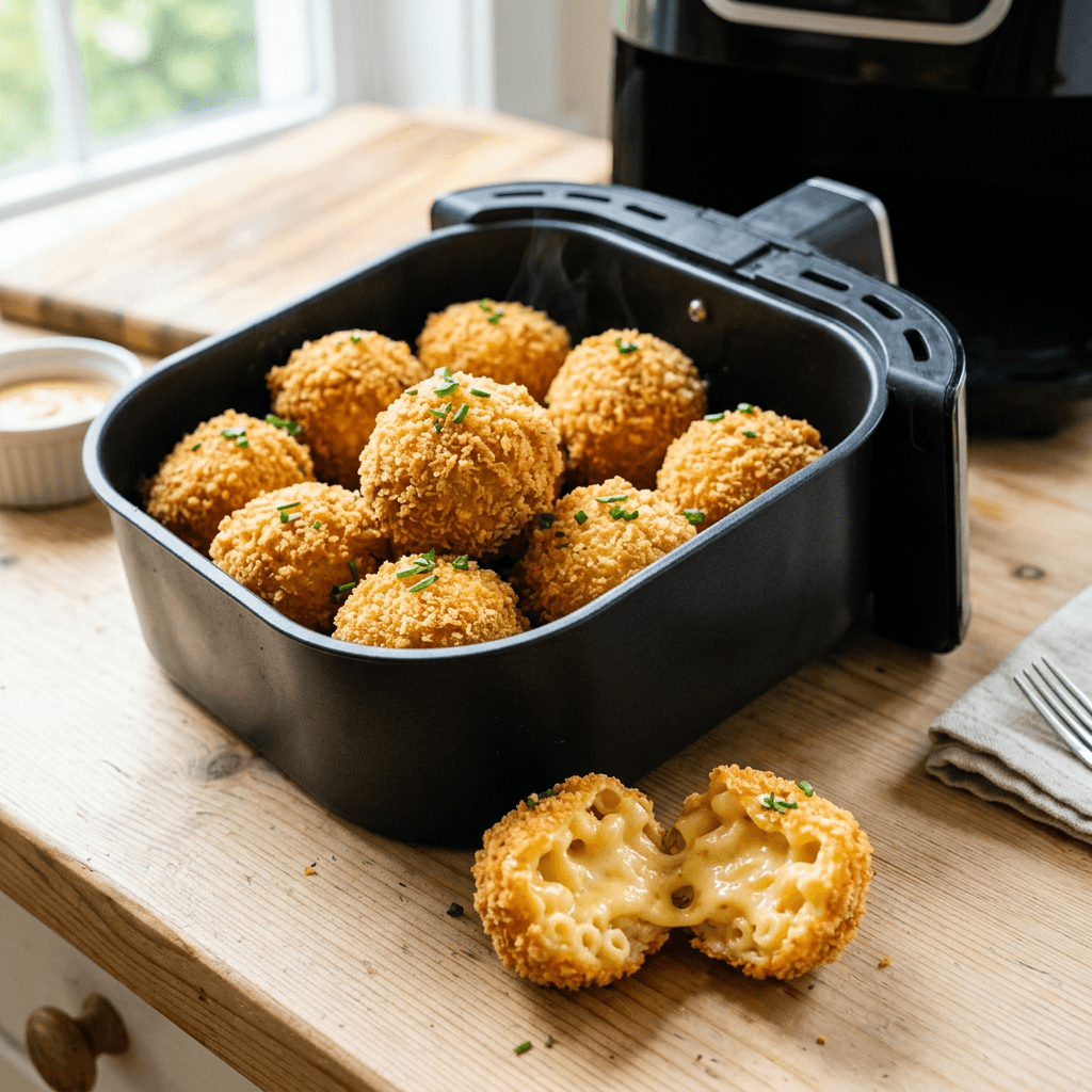 Air fryer mac and cheese bites in the air fryer basket with one bite broken open to show the melted cheese