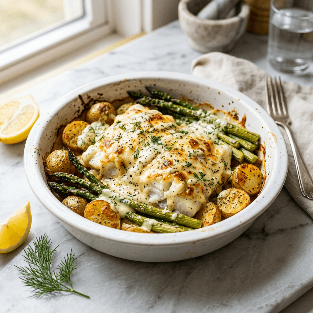 Air Fryer Potato Asparagus Fish Bake with Lemon Dill Sauce