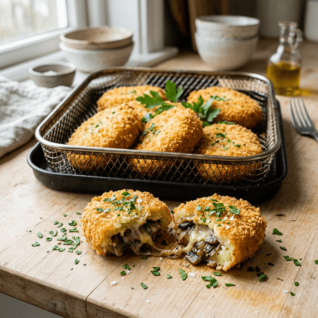 Golden air fryer stuffed potato cakes in the air fryer basket with one cake broken open