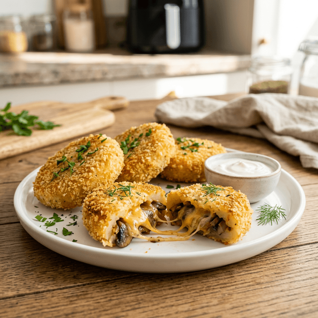Crispy Air Fryer Stuffed Potato Cakes with Mushrooms and Cheese