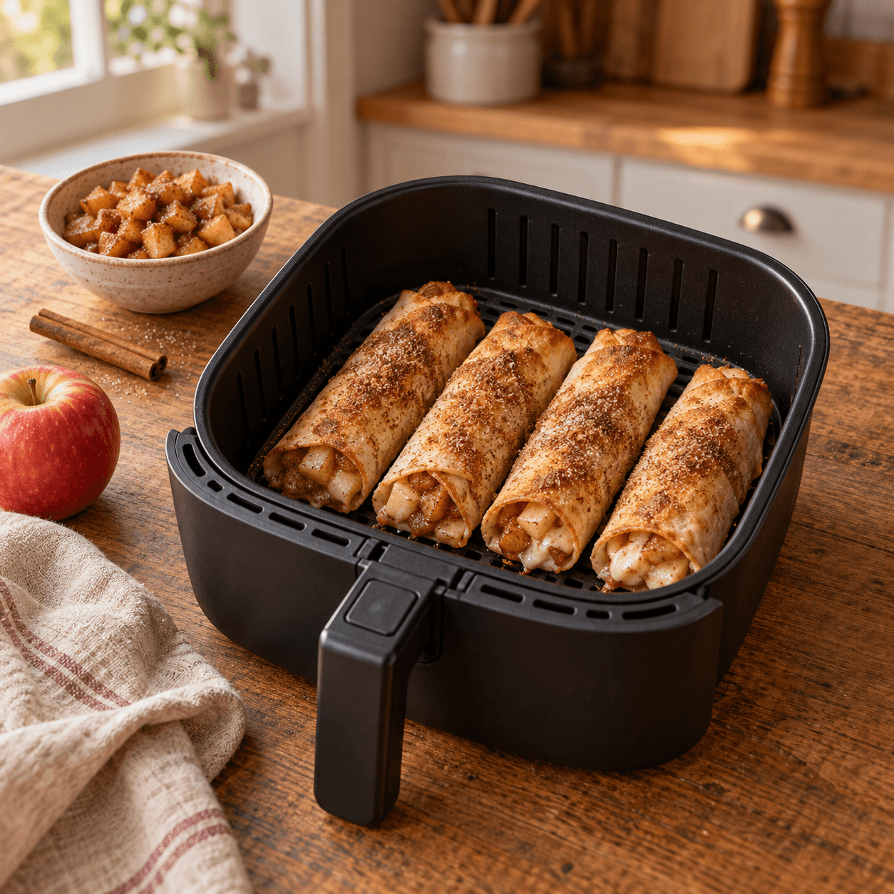 Air fryer apple cheesecake roll-ups coated in cinnamon sugar in the air fryer basket