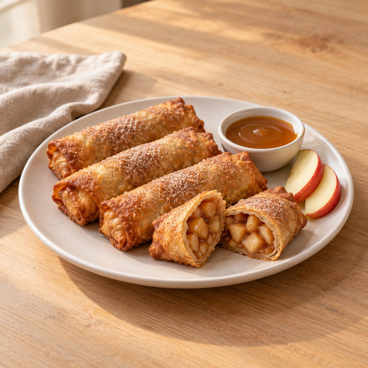 Air Fryer Apple Pie Egg Rolls with Caramel Dip