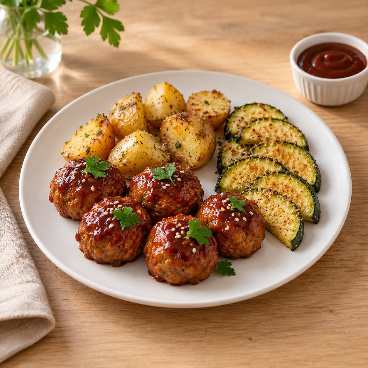 Air Fryer Sticky BBQ Turkey Meatballs with Parmesan Zucchini and Potatoes