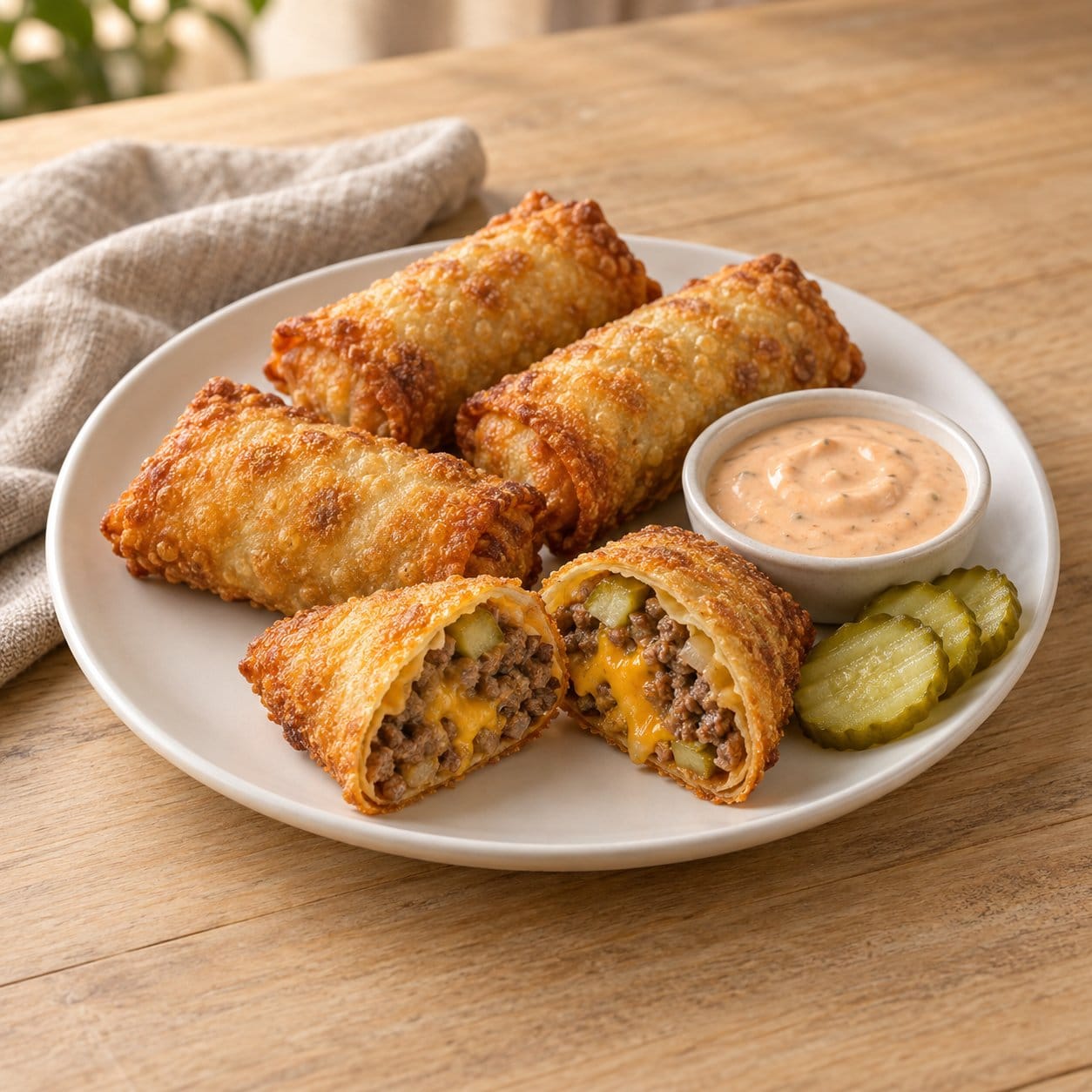 Air Fryer Cheeseburger Egg Rolls with Burger Sauce