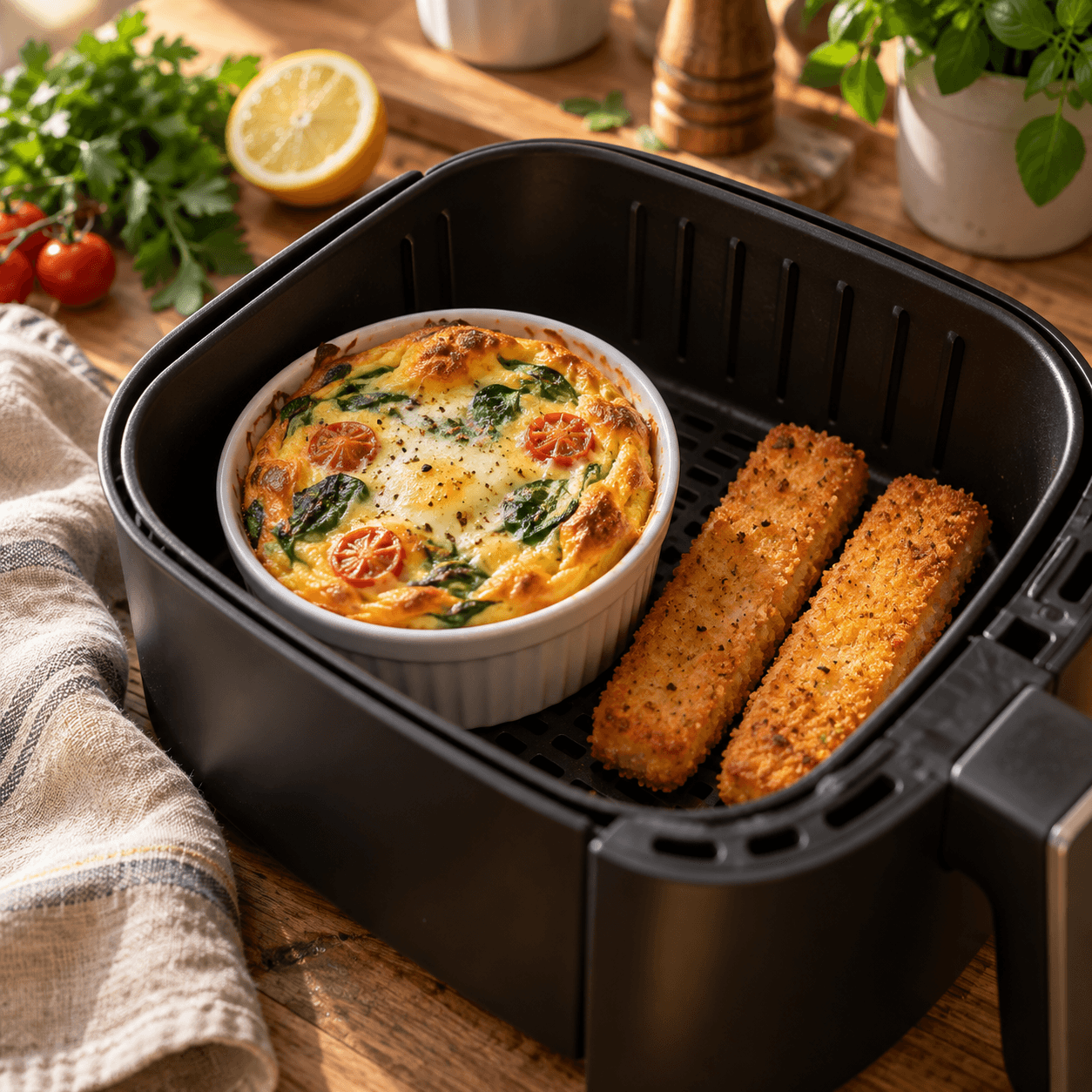 Cottage cheese omelette in a ramekin and breaded salmon fingers in the air fryer basket