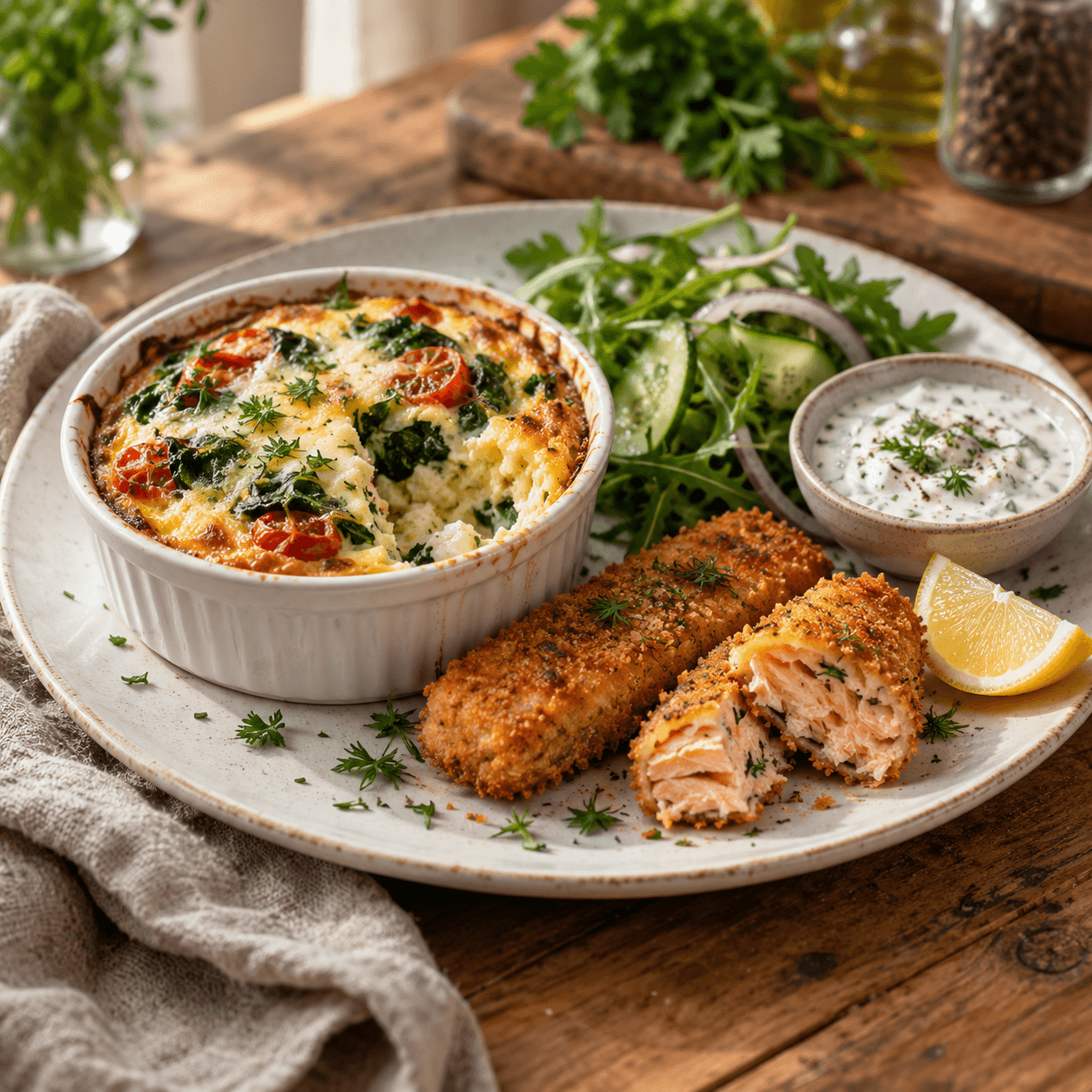High-Protein Air Fryer Cottage Cheese Omelette with Crispy Salmon Fingers