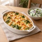 Air fryer creamy chicken broccoli bake with a golden mozzarella crust in a white baking dish, with cucumber salad