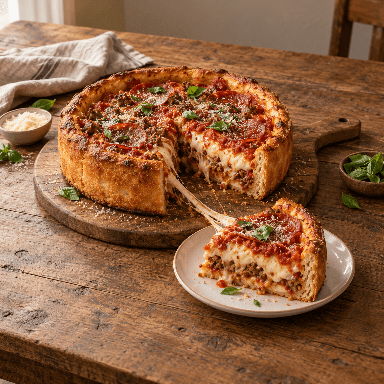 Slice of air fryer deep dish pizza pie showing layers of ground beef, marinara and melted mozzarella