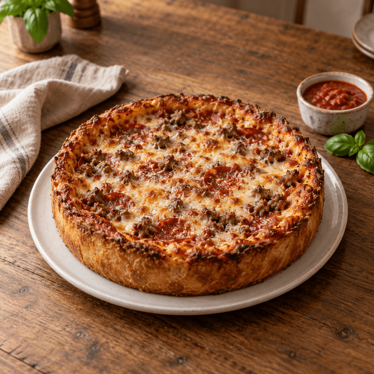 Air Fryer Deep Dish Pizza Pie with Beef and Pepperoni