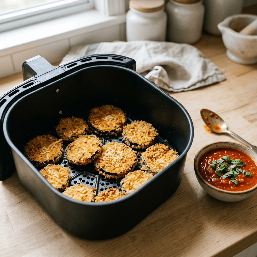 Crispy panko and parmesan breaded eggplant slices in the air fryer basket with marinara sauce