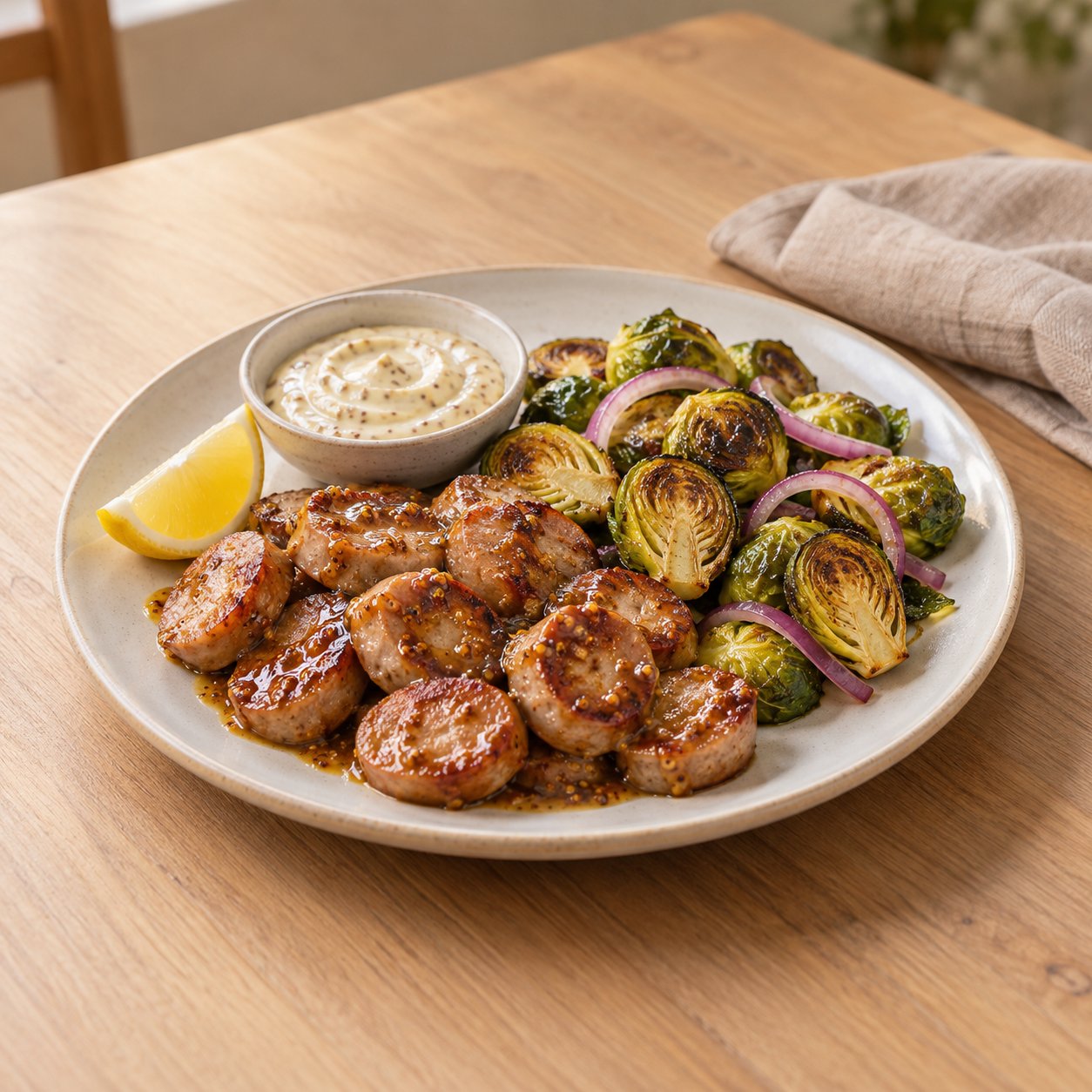 Air Fryer Maple Dijon Chicken Sausage and Brussels Sprouts