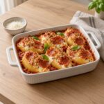 Air fryer pepperoni pizza stuffed shells with melted mozzarella, marinara and a crispy breadcrumb topping in a white baking dish