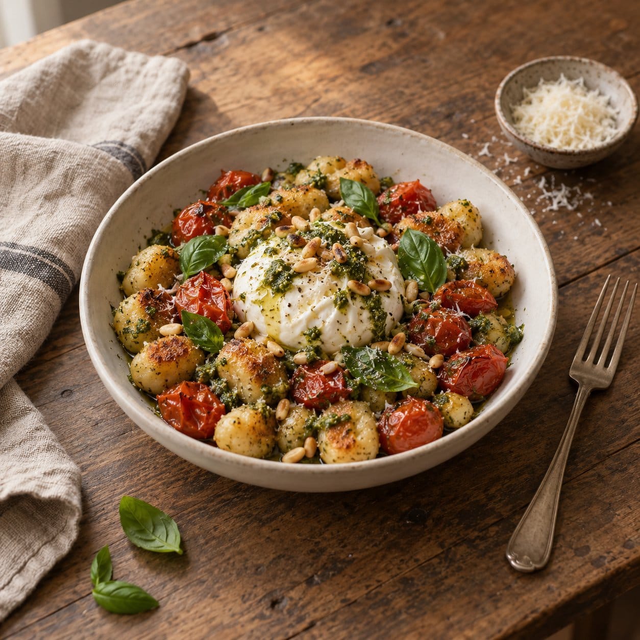 Air Fryer Pesto Gnocchi with Burrata and Roasted Tomatoes