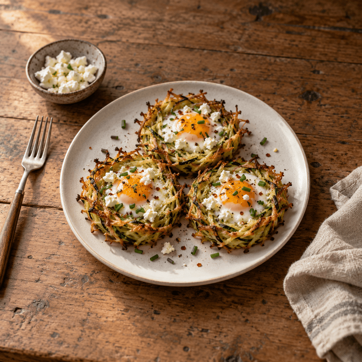 Air Fryer Zucchini Hash Brown Egg Nests with Feta