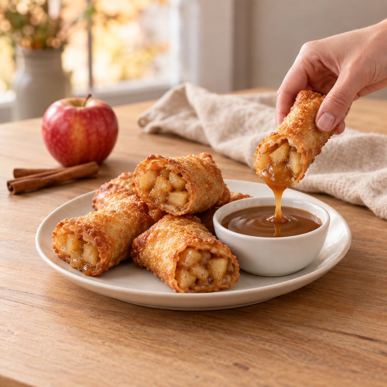 Apple pie egg roll dipped into caramel sauce, showing the warm cinnamon apple filling, with more egg rolls on a plate