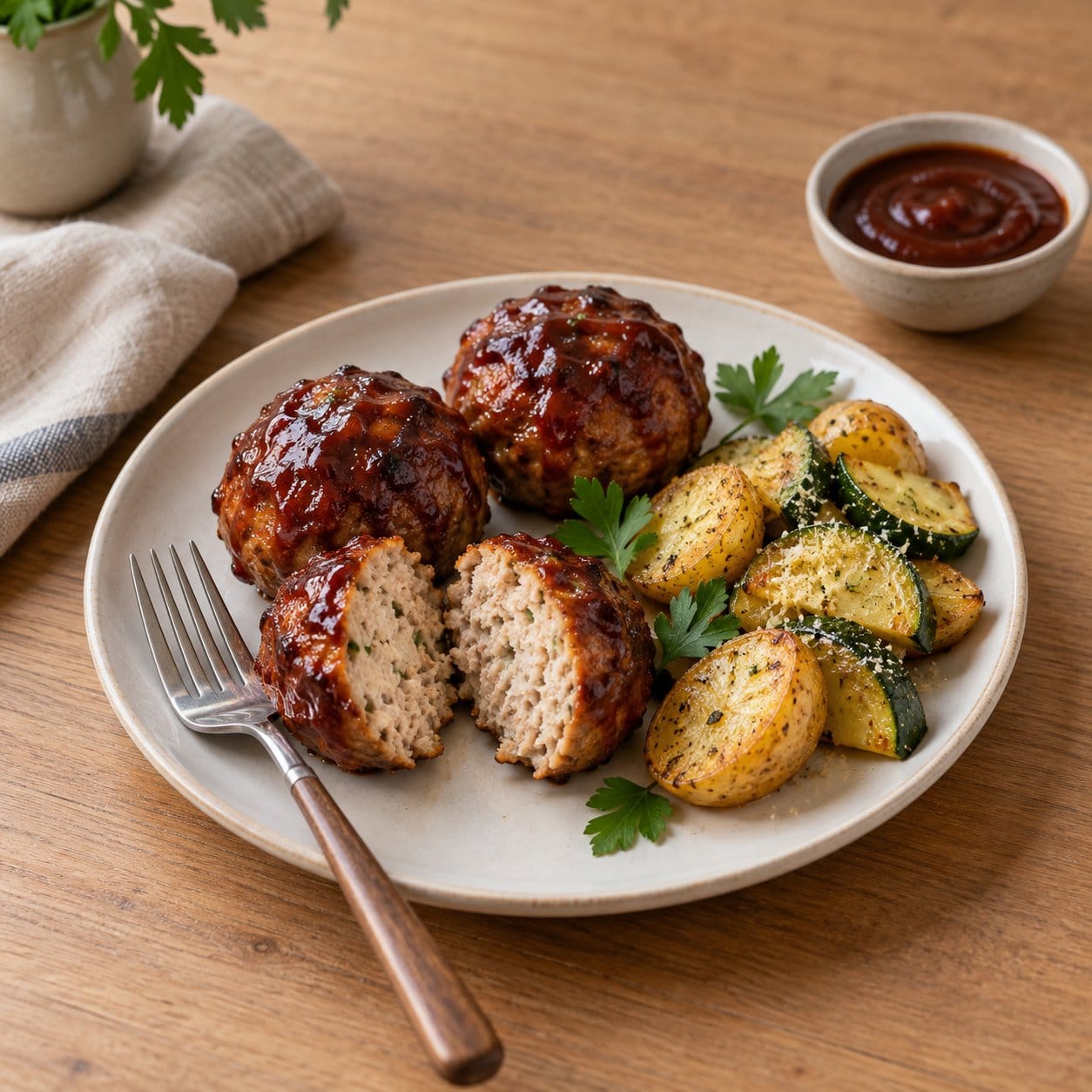 BBQ turkey meatballs on a plate, one cut in half showing a juicy, tender inside, with roasted potatoes and zucchini