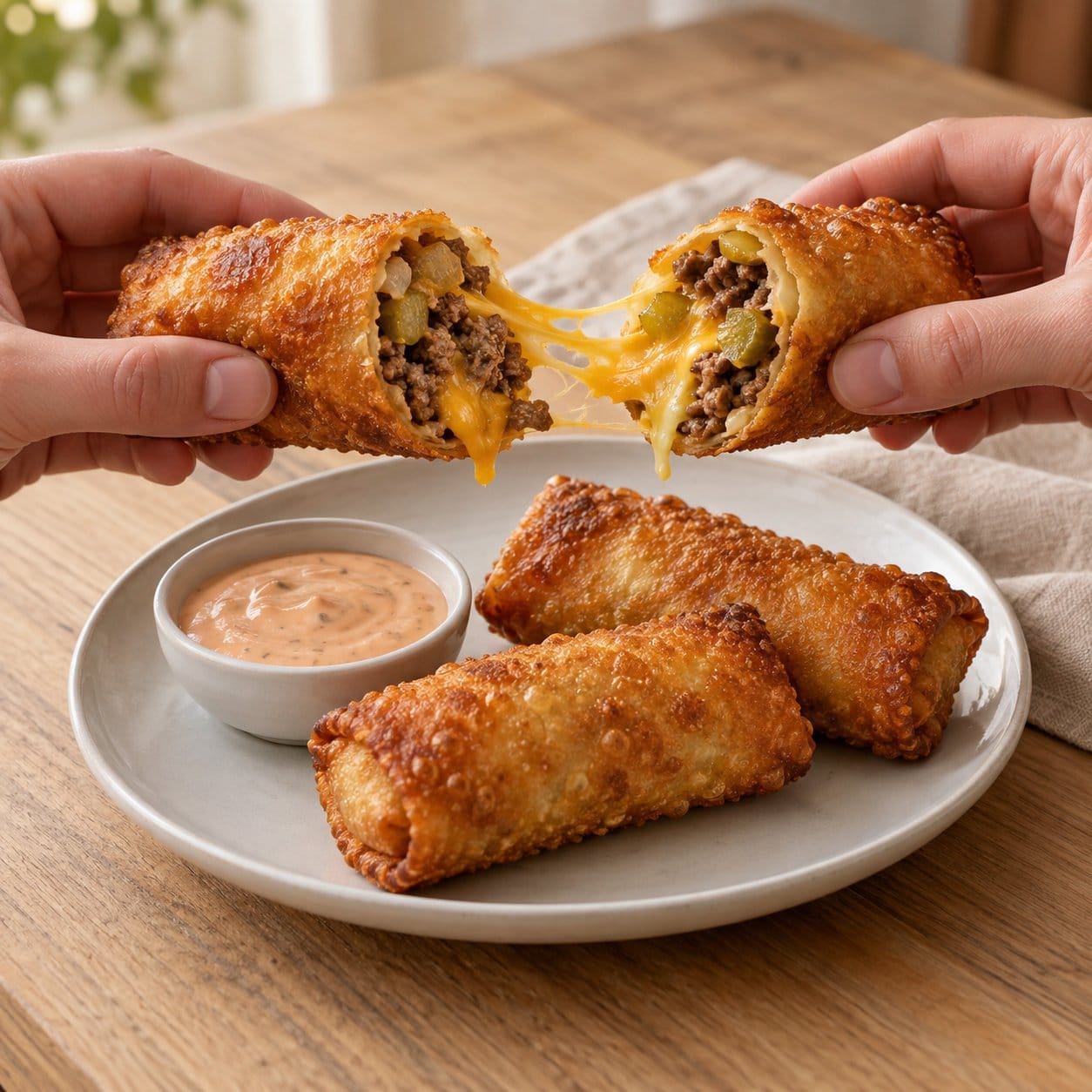 Cheeseburger egg roll pulled apart by hand with melted cheddar stretching from the beef and pickle filling