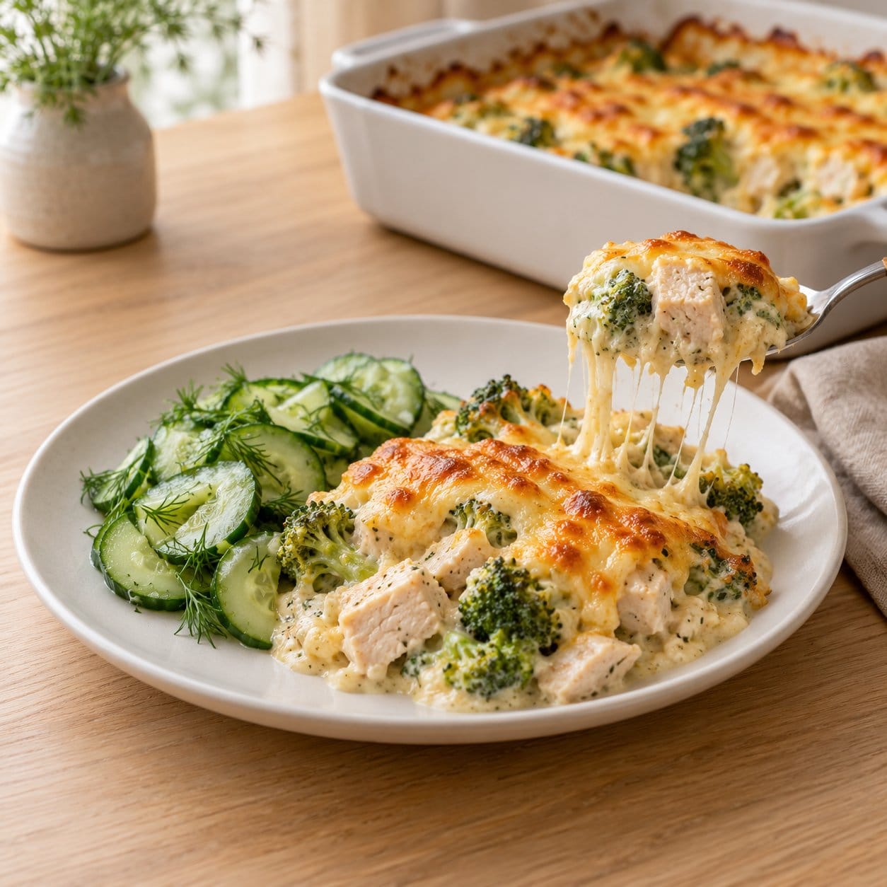 Serving of creamy chicken broccoli bake with a cheese pull on a plate next to a fresh cucumber dill salad