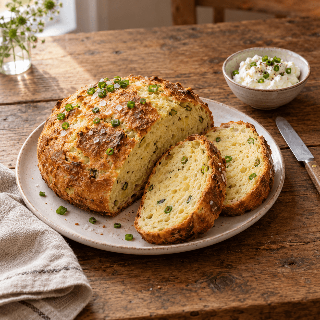 Thick slices of high-protein potato bread showing a soft crumb with green onions and a golden crust