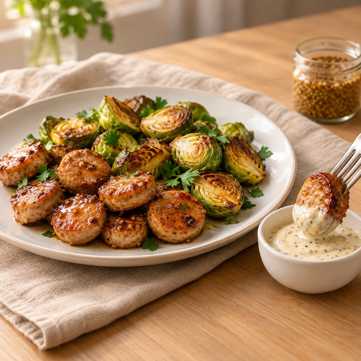 Glazed maple Dijon chicken sausage dipped into a creamy mustard yogurt dip, with roasted Brussels sprouts on a plate