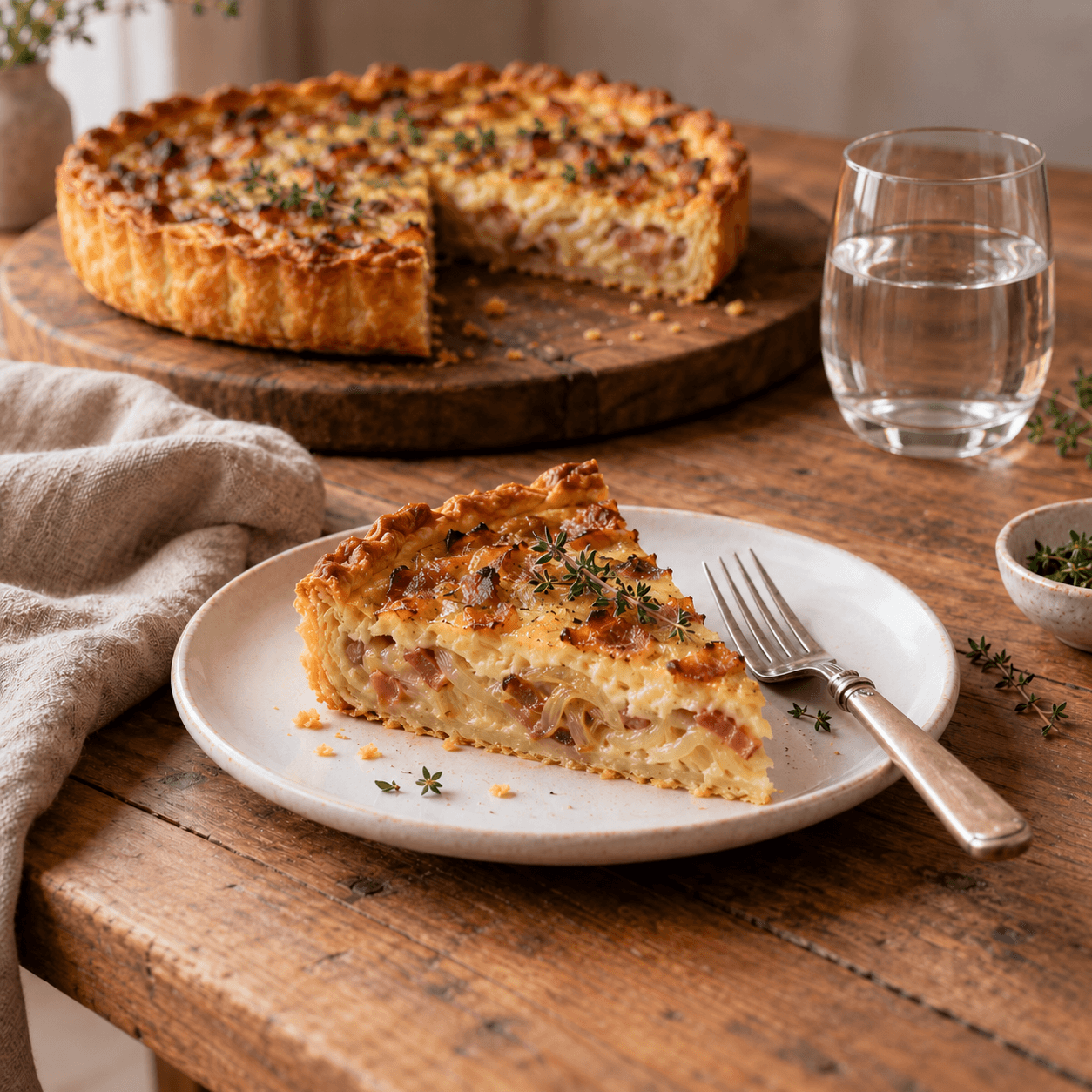Slice of onion tart showing flaky pastry and a creamy custard filling with caramelized onions and bacon