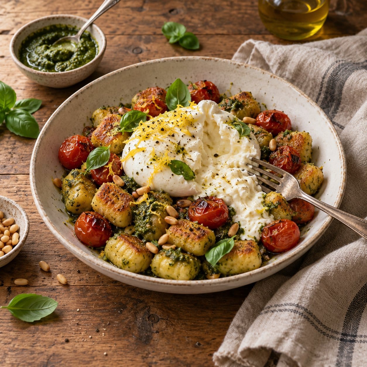 Creamy burrata torn open over crispy pesto gnocchi with roasted tomatoes, lemon zest and pine nuts