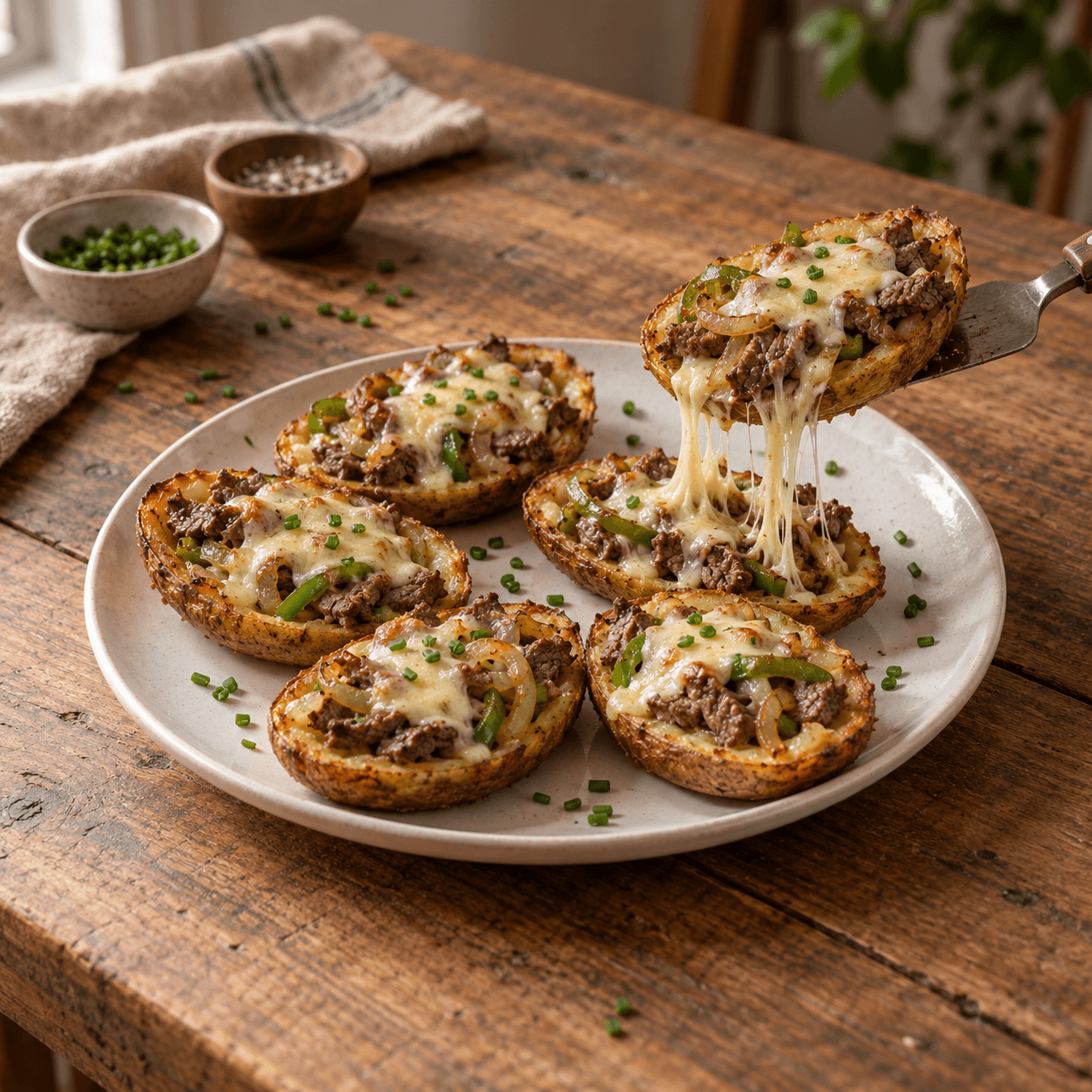 Philly cheesesteak potato skin lifted with a spatula, melted provolone cheese stretching from the steak filling