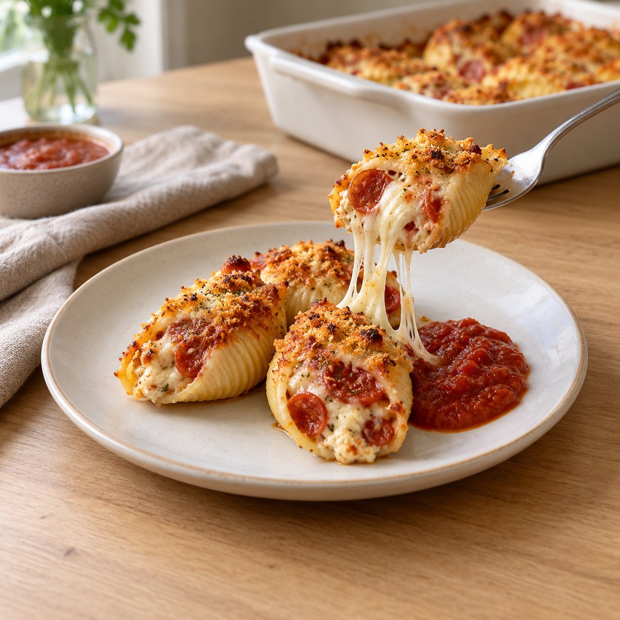 Pepperoni pizza stuffed shell lifted with a fork, melted mozzarella stretching over ricotta filling and marinara sauce