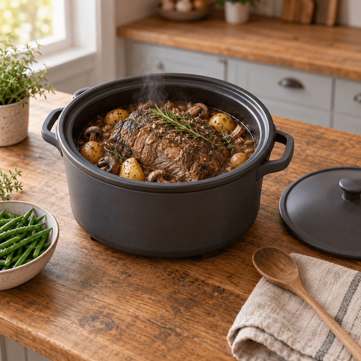 Slow cooker garlic butter pot roast with potatoes, mushrooms and fresh herbs in the slow cooker