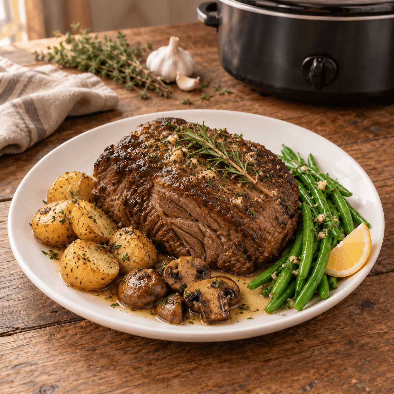 Slow Cooker Garlic Butter Pot Roast with Mushrooms and Potatoes