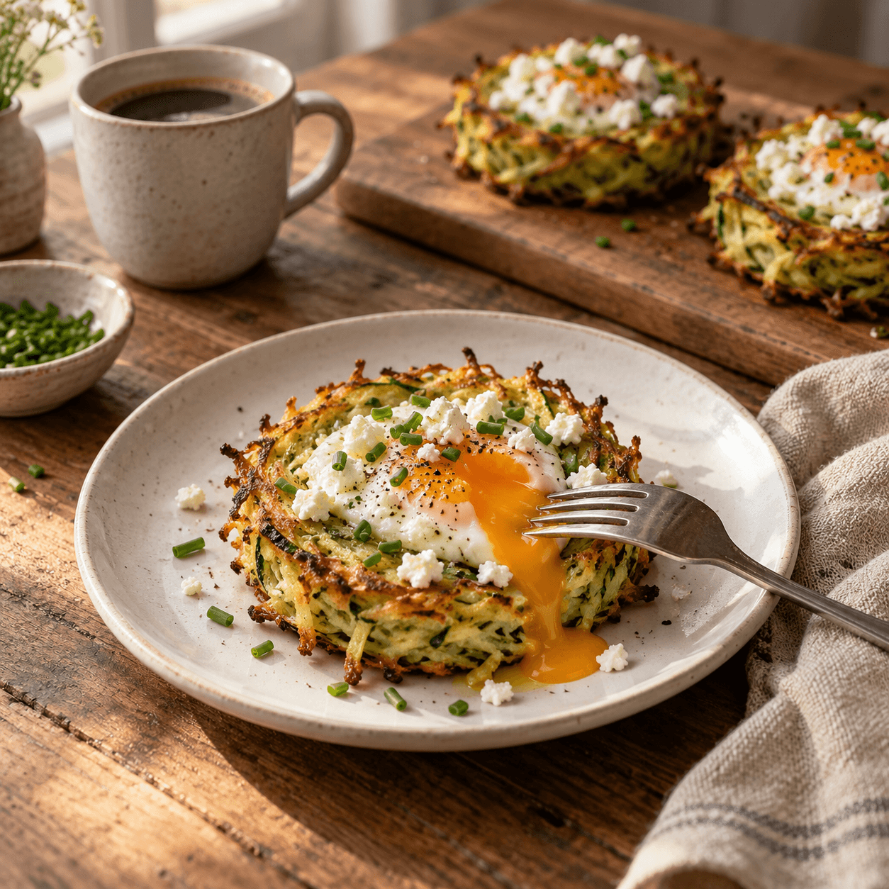Zucchini hash brown egg nest with a runny yolk, crumbled feta and fresh chives on a breakfast plate
